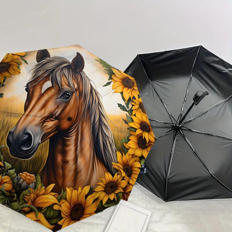 Sunflower Horse Art Print - Automatic Opening Umbrella with Foldable Design, Iron Frame, Outdoor, Festival Gift for Fans, Travelers, Daily U