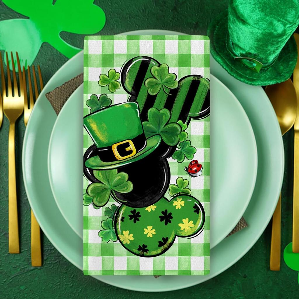 Seliem St. Patrick's Day Kitchen Dish Towels Set of 2, Lucky Clover Shamrock Green Hat Hand Towels Drying Baking Cooking Cloth, Plaid Check Farmhouse