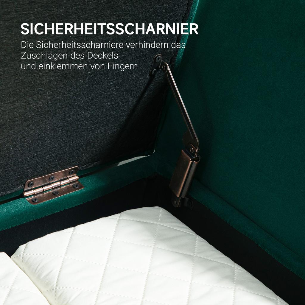 Upholstered Bench with Storage, Armrests, Velvet-Like Polyester, Rubberwood, 107 x 42 x 65 cm, Green