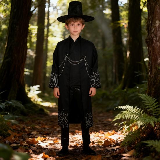 Korean Anime Cosplay Costume Black Flame Robe Shirt Pant Hat Set Villain Role-playing Outfit for Kids Halloween Carnival Performance
