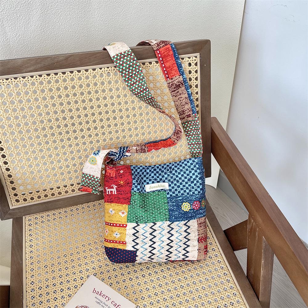Broken Flower Canvas Bag, Shoulder Messenger Bag, Commuter Bucket Bag, Ethnic Style Pattern Armpit Bag.