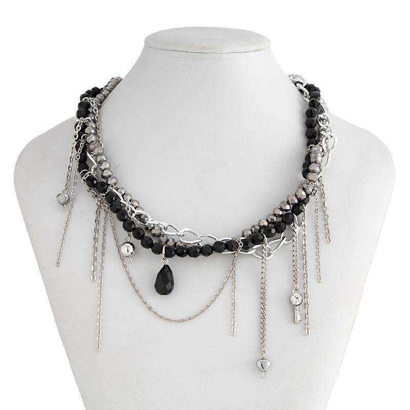 Collana Pendente Multi Strato con Nappa a Perla Rotonda a Forma di Cuore e Goccia d'Acqua Retro Gioielli per Ragazza Neri