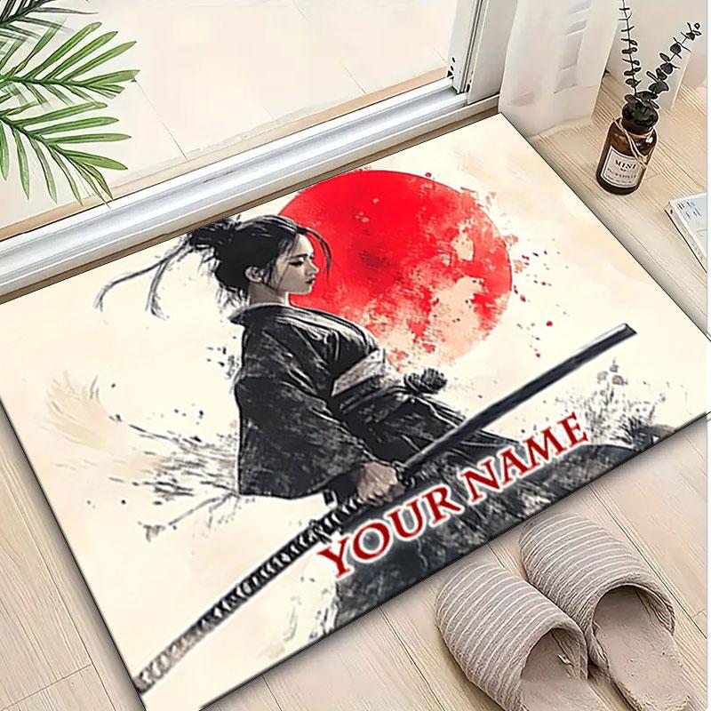 1PC Custom Name Samurai Warrior Spirit Theme Floor Mat Ideal for Living Room, Game Rooms, Office, Bedroom,Floor Mat Playful Design