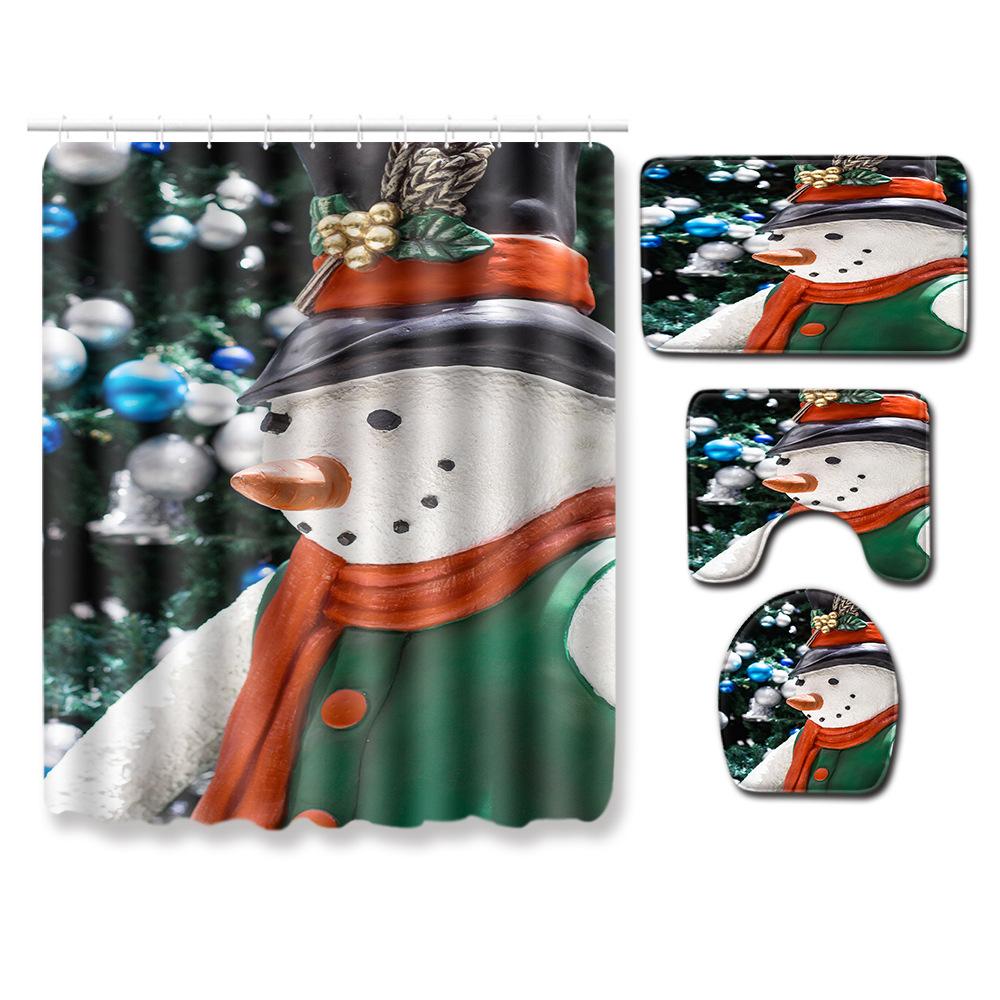 Christmas Shower Curtain Floor Mat Combination Four-Piece Set Bathroom Toilet Carpet Shower Room Mat Foot Mat