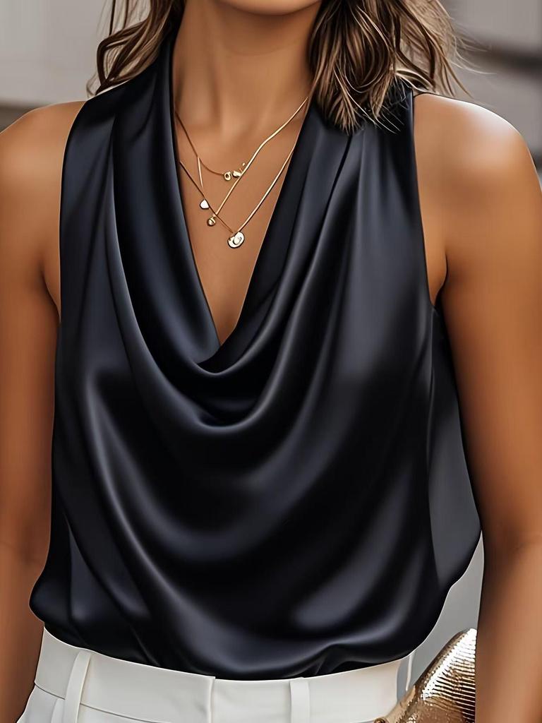 European & American Women's Satin Silk Pleated Sleeveless Top for Autumn
