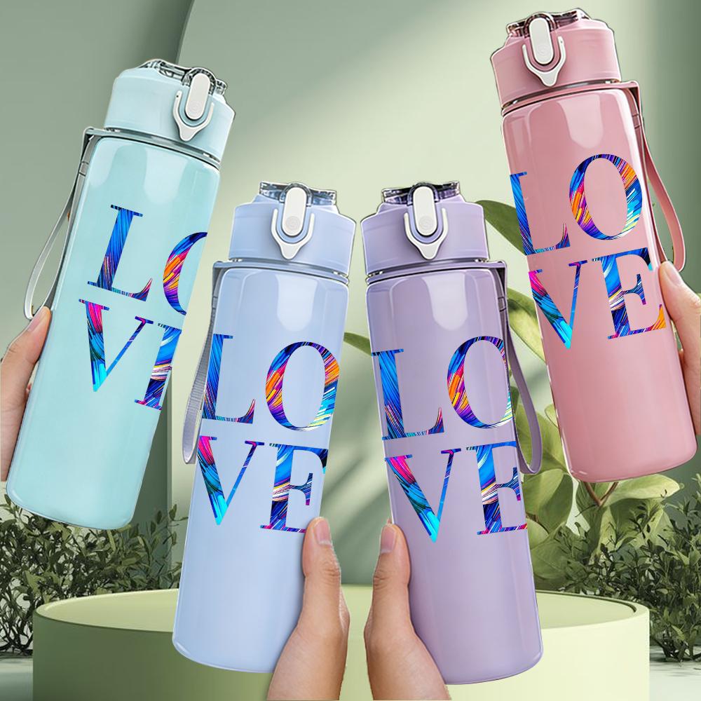 1PC Gradient Color LOVE Letter 750ml Color Plastic Sports Water Bottle Leakproof Flip Straw Lid Suitable for Sports Office Home Use