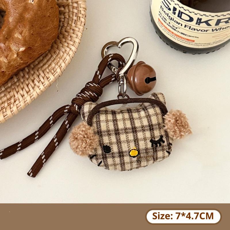 

Kawaii Cartoon Grid Earphones Hello Kitty Keychain Plush Cute Doll Pendant Backpack Hanging Ornament Decoration Accessories Gift
