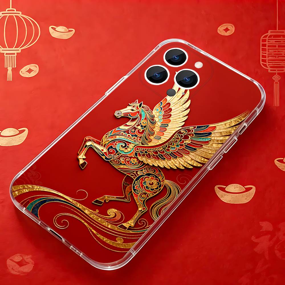 Fashion Chinese-Style Red Horse Phone Case for iPhone 16 15 14 13 12 11 17 Plus Pro Max X XR XS Max Soft Clear Tpu