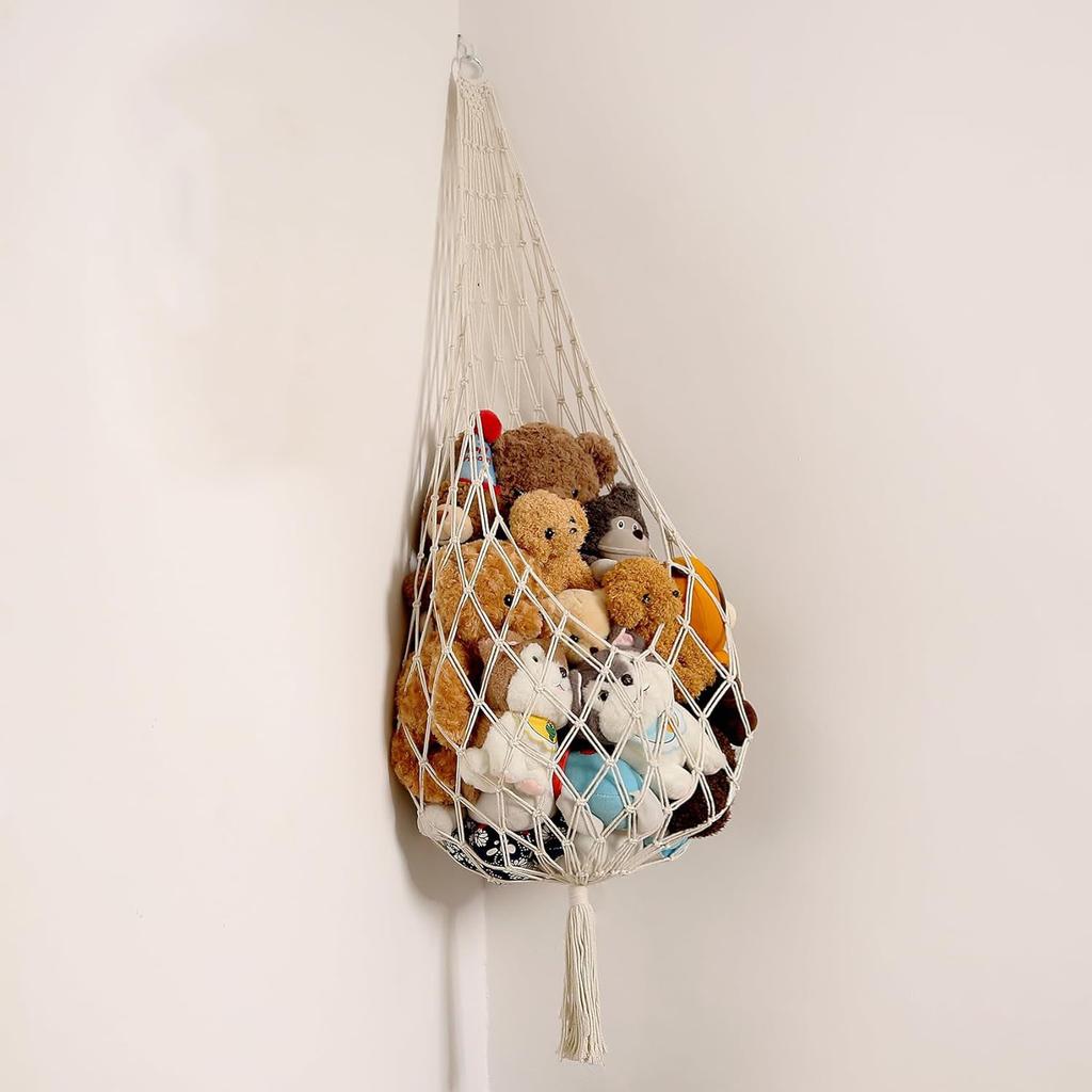Stuffed Animal Storage Macrame Hammock, Large - Boho Room Decor Toy Storage Corner Hanging Plushie Stuffed Animal Net Organizer