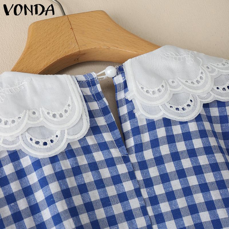 VONDA Rochie Maxi Casual Plisată cu Rever Croșetat pentru Femei, cu Imprimeu Carouri