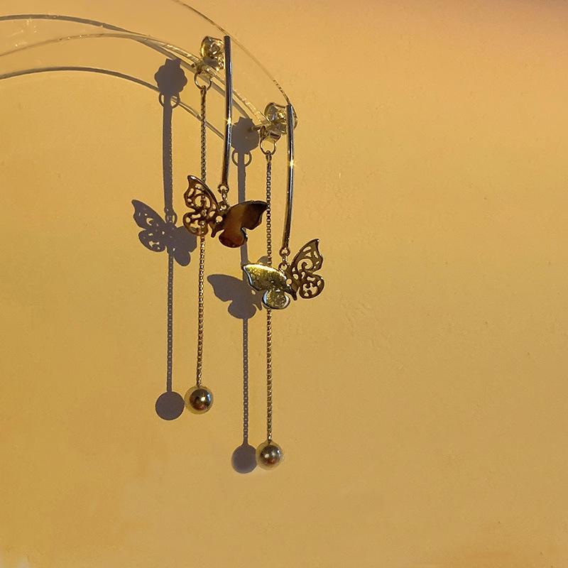 Hollow Butterfly Earrings Xiaohongshu Hot-Selling Antique Little Fairy Temperament Geometric Round Bead Rear Hanging Earrings