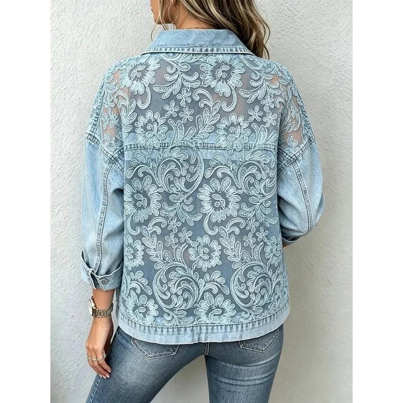 Women Lace Spliced Denim Jacket Loose Casual Lapel Long Sleeve Single Breasted Short Coat Fashion Streetwear Outerwear