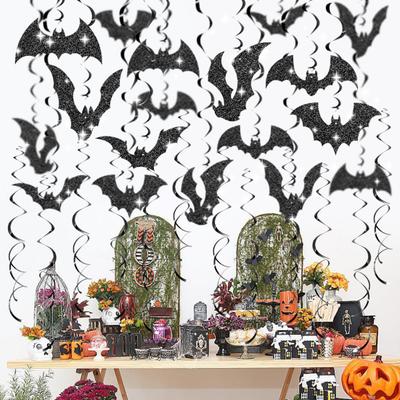 30 Pcs Halloween Hanging Swirl Decoration Sparkly Black Bat Hanging Streamers Ceiling Spirals Ornament for Home Room Bathroom Decor
