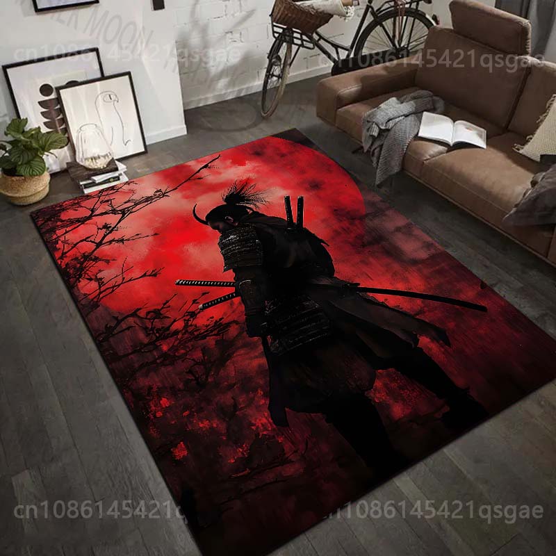 1PC Samurai with Red Moon Backdrop Print Carpet Rug for Living Room Bedroom Sofa Doormat Home Decor Non-slip Floor Mat