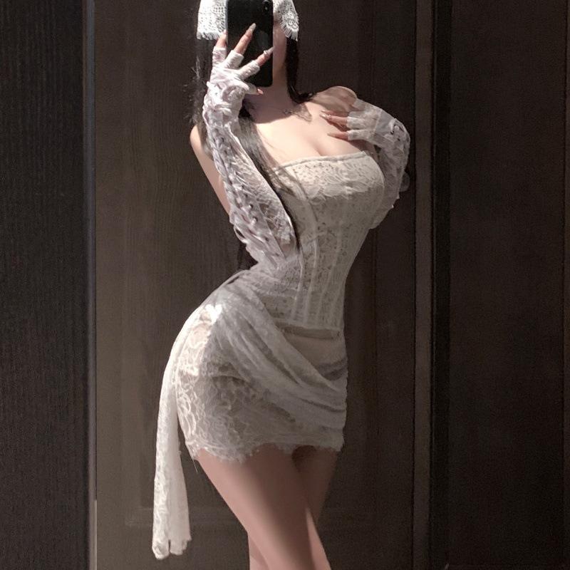 Pure lace hottie splicing strap tube top dress fishbone slim backless slim sexy skirt m [ 40-60kg ]