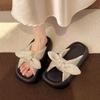 Fairy Rhinestone Bow One-word Female Outer Wear 2025 Summer Temperament Versatile Sandals Thick-soled Beach Slippers