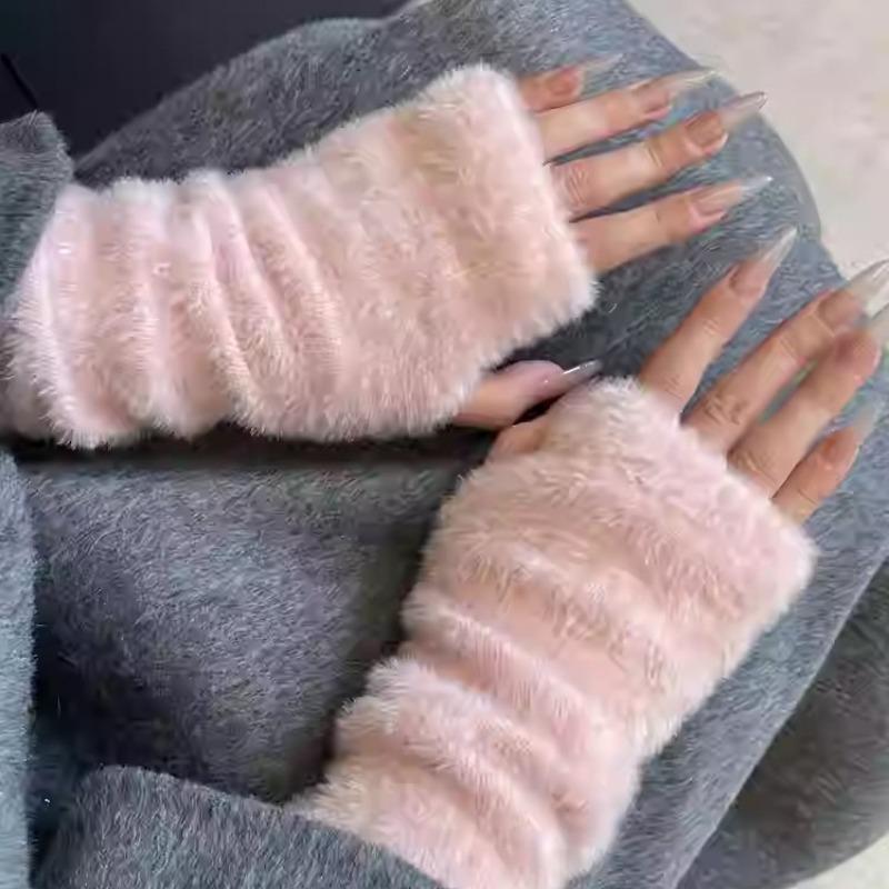 Soft Waxy Plush Half-finger Gloves Women's Plush Warm Autumn and Winter Sleeves Cute Imitation Rabbit Hair Japanese Long-sleeved Leaking Finger Gloves