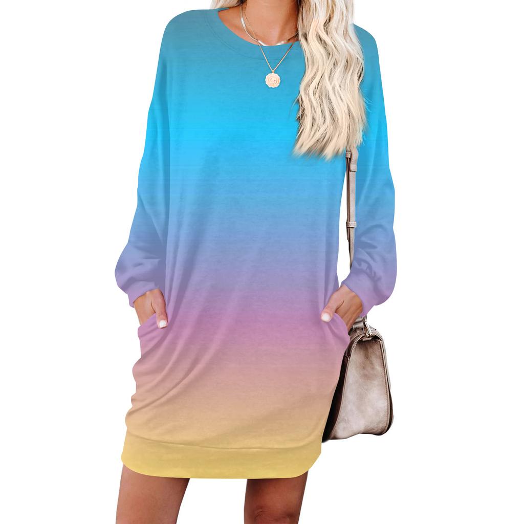 Women's Gradient Printed Fashionable Long-sleeved Round-neck Pocket Dress