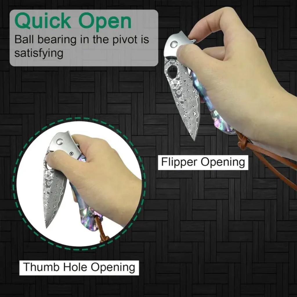 1 piece of high quality Damascus steel pattern folding knife, manual rotating small knife, family fruit knife.