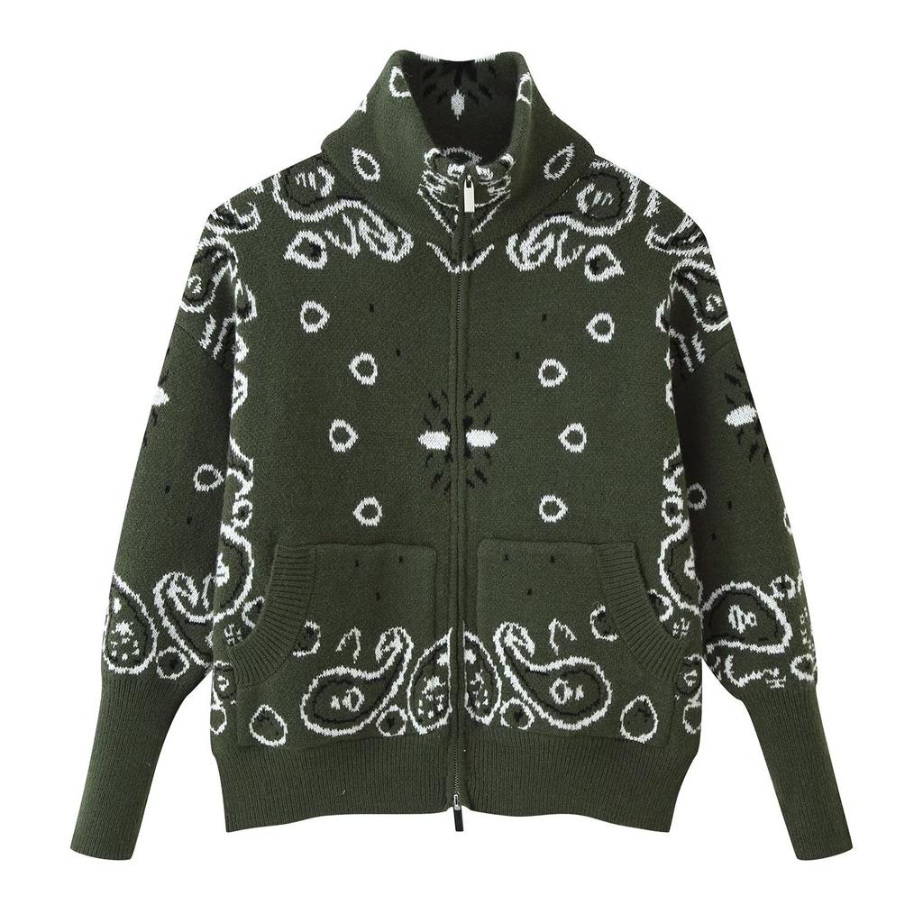 Women Long Sleeve Knit Cardigan Jacket Zipper Decor Geometric Pattern Loose Fit