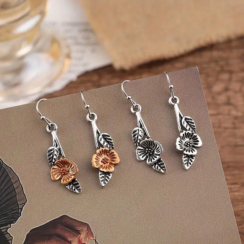 Two-Tone Silver & Copper Flower Leaf Drop Earrings Handmade Nature Inspired Floral Dangle Earrings Women Vintage Bohemian Jewelry