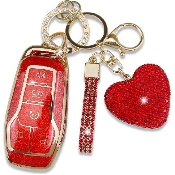 Key Fob Cover With Heart Keychain, Girly Car Key Shell Case For Women, Compatible With Ford Fusion Mustang F150 Edge Explorer Lincoln MKZ MKC MKX