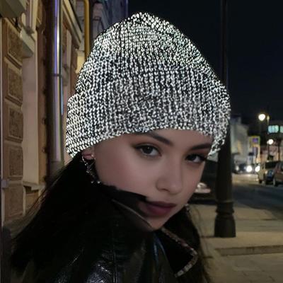 Women Knitted Hat Reflective At Night High Elasticity Folded Brim Dome Hip Hop Street Style Online Celebrity Cap Winter Keep Warm Headwear
