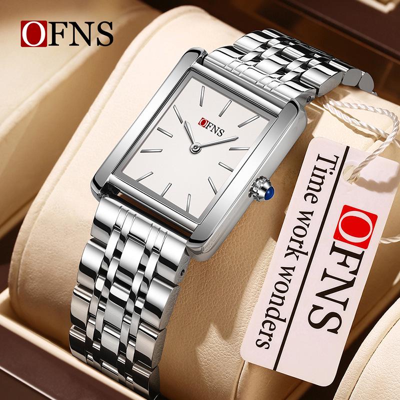 OFNS Women's Waterproof Stainless Steel and Leather Strap Square Fashion Quartz Watch