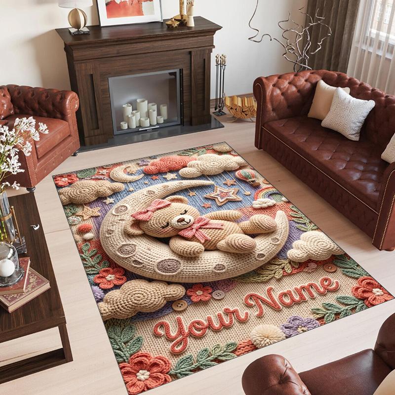 Teddy Bear Theme Crystal Velvet Rug Personalized Custom Name Text Soft Floor Mat Home Decor