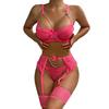 1 Set Sexy Bra Panties Girdle Set Hollow Out See-through Lace Chain Decor High Waist Chain Decor Fishnet Elastic