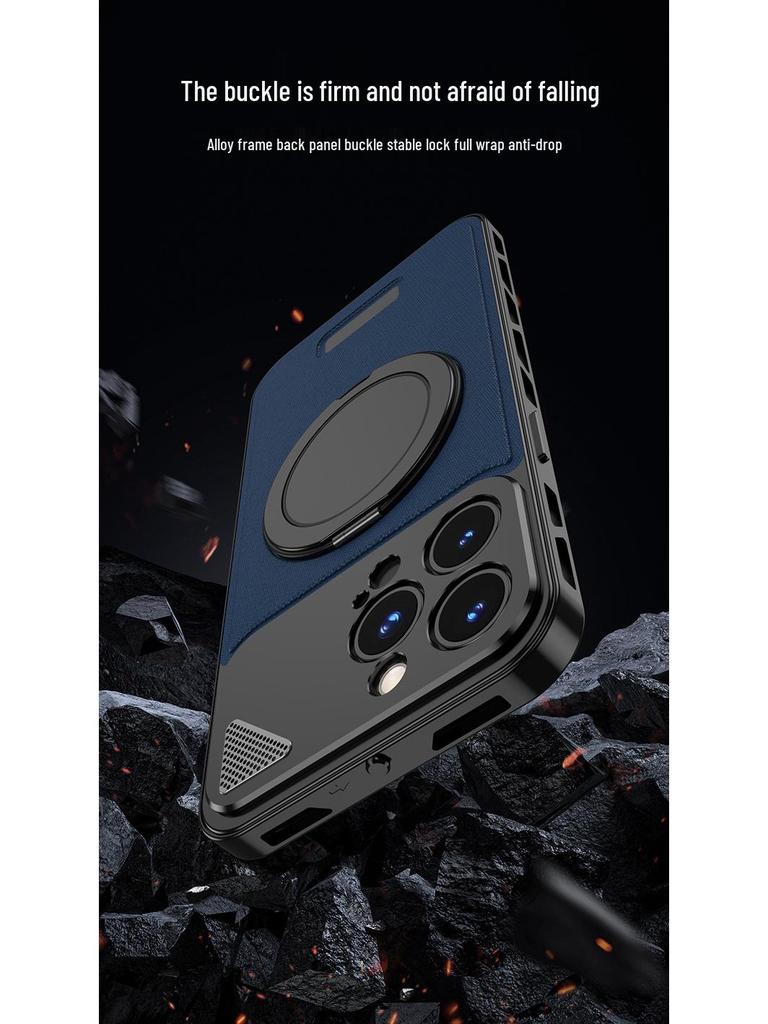 Aluminum Alloy Leather Buckle Phone Case with Rotating Stand for iPhone 16 Pro Max, Compatible with Apple 14