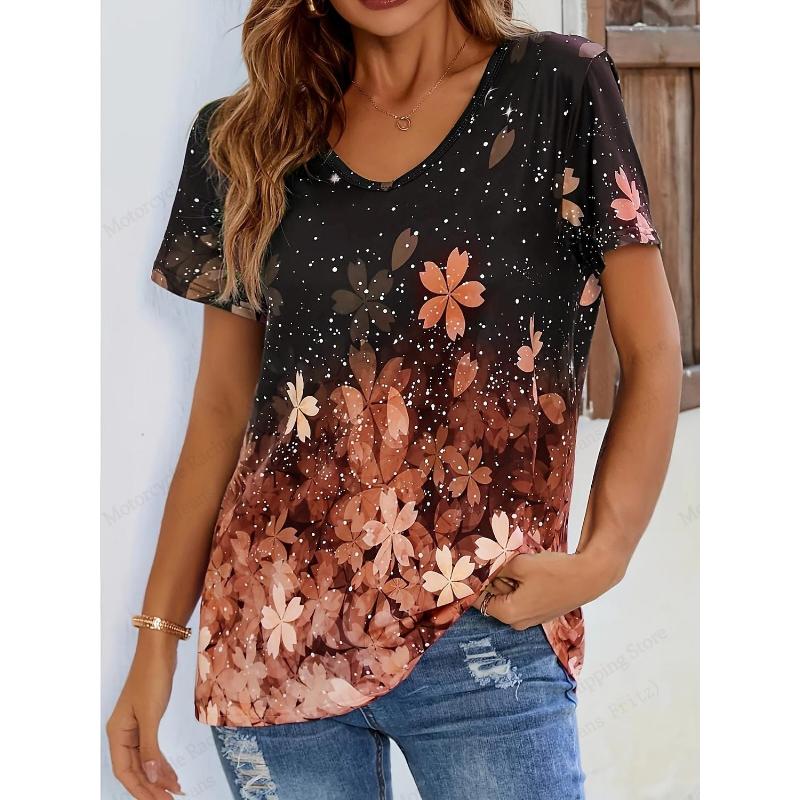2025 New Floral 3d Print T-shirt Women Fashion V-Neck Short Sleeve Tshirt Female
