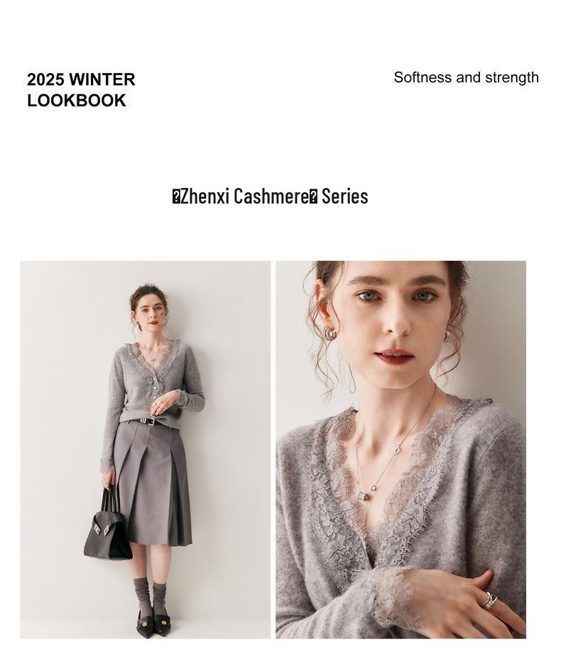 Cardigan in Pizzo e Cashmere da Donna con Scollo a V - Modello Sottile, Cashmere di Capra di Alta Qualità, Collezione Autunno/Inverno.