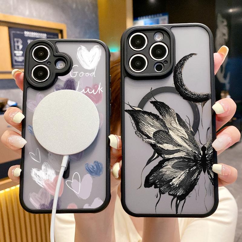 

Чехол Letter Color Love Hearts Butterfly из прозрачного акрила для iPhone 16 Plus 15 14 13 12 Pro Max 11 для Magsafe Magnetic Soft Edges Shockproof Cover iPhone 16 чёрный