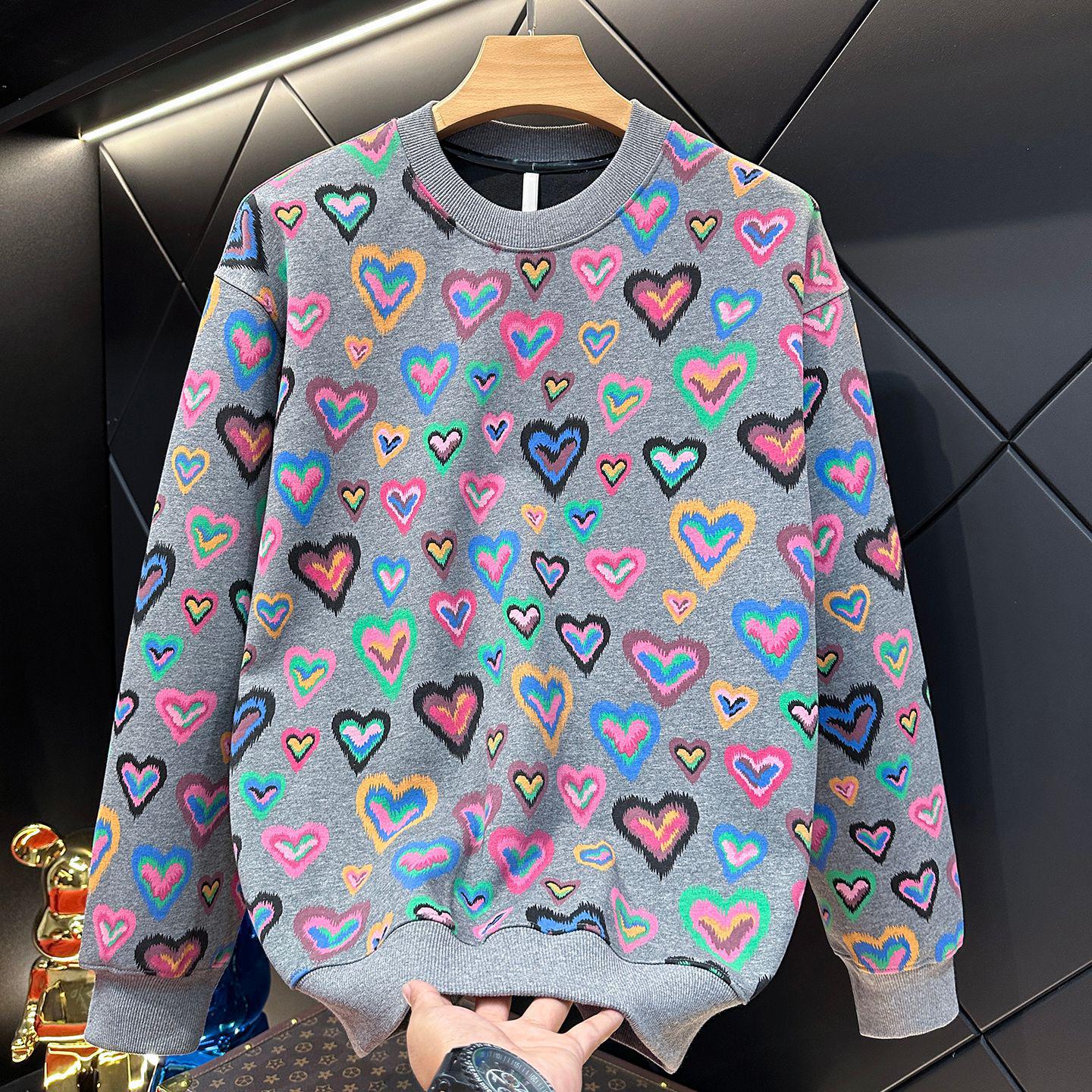

Men s Colorful Heart Print Round Neck Sweatshirt - Stylish, Versatile, & Casual Pullover for Autumn/Winter 3XL сірий колір