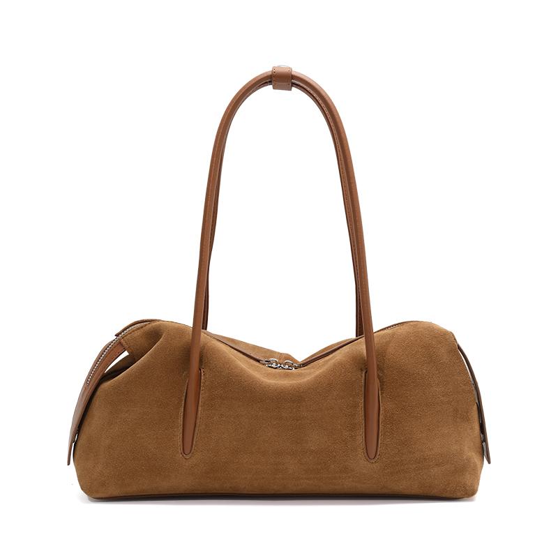 Aidanni Suede Cowhide Boston Bag for Women, 2026 New Style, Large-Capacity Handheld Baguette Bag, Single Shoulder Underarm Bag