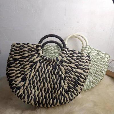 Fashionable Pastoral Style Round Straw Handbag - Colorblock Half-Moon Design for Women