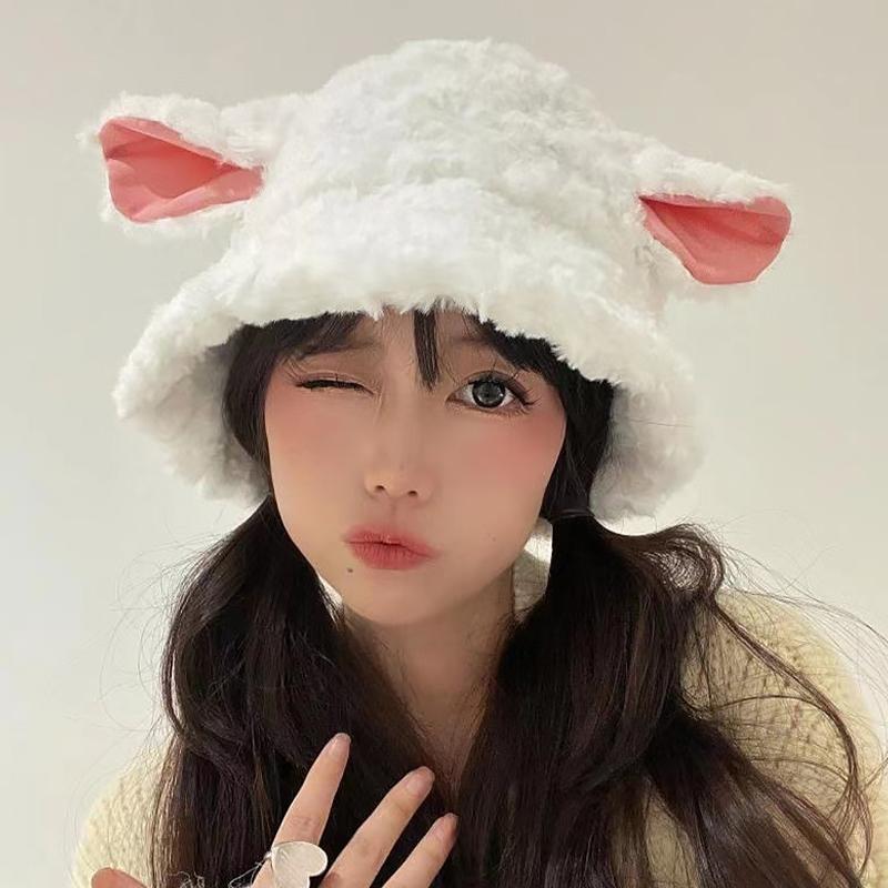 Women'S Lamb Ear Hat Cute Multi-Functional Fisherman Hat Autumn Winter Cap