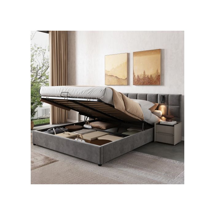 Lit rembourré - MUVOE - 160x200 cm - Acier - Avec rangement - Liseuse et USB