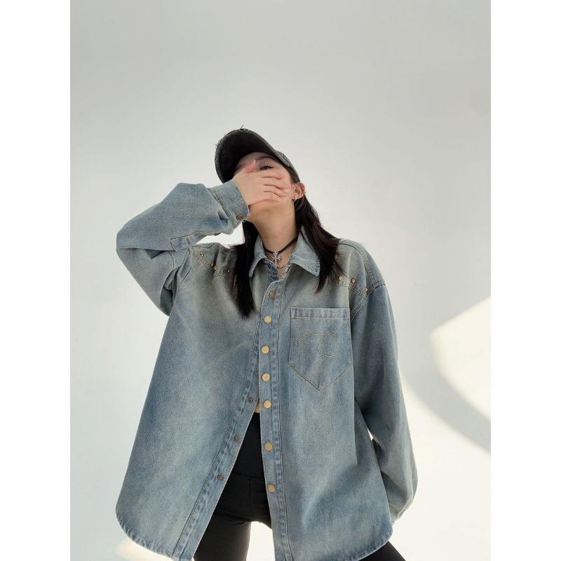 Autumn New American Niche Old Rivet Denim Long-sleeved Shirt Women's Loose Couple Short Jacket Trendy