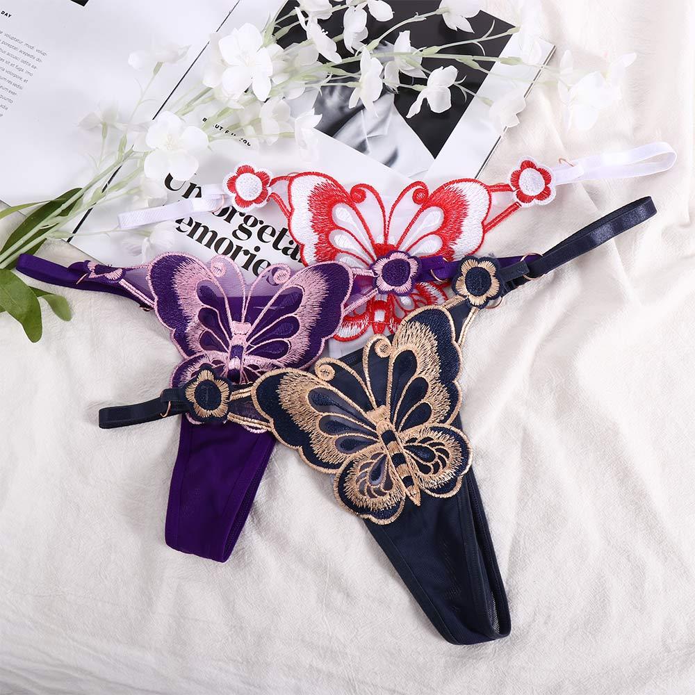 Butterfly Pattern Thong Solid Color Embroidery Sexy Underwear Underpant Lingerie Women Panties