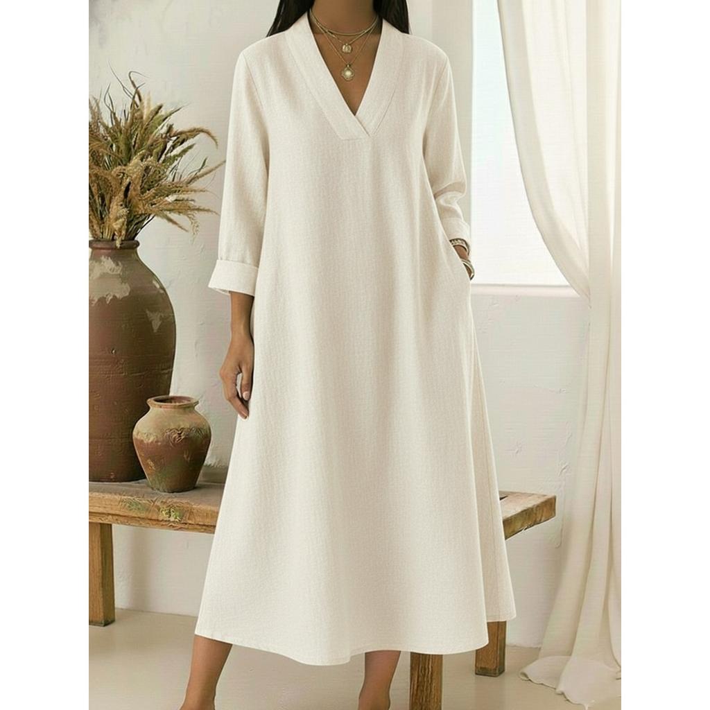Spring New Women's Casual V-Neck Long Sleeve Cotton Linen A-Line Loose Long Midi Dress for European and American