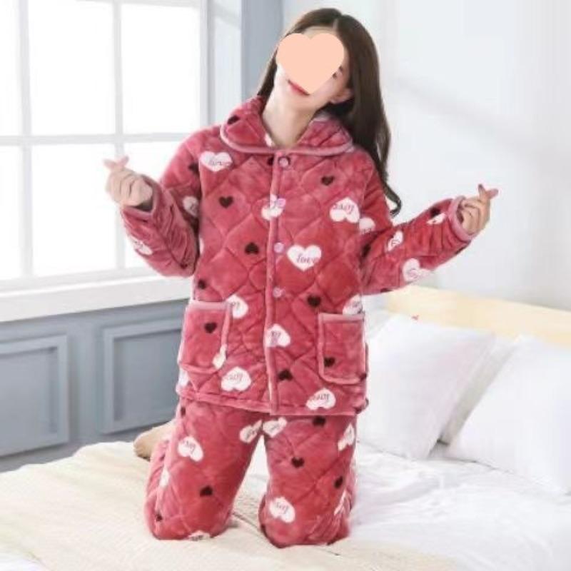 Pajamas women's winter warm winter fleece thickened coral fleece three layers of cotton autumn and winter women's loungewear