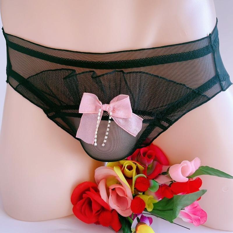 Women Panties For Men Japanese Sweet Bow Ruffle Edge Briefs Mesh See Through Sissy Lingerie Underwear Gay Lolita Male Nightwear