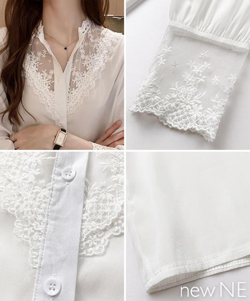 Newne Long Sleeve Office Stylish Formal Tulle Lace Special Beautiful Solid Plus Open Cool Formal Lace Women's Blouse, Wear, Top, Top, Shirt, 3/4