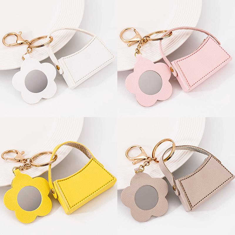 Portable Leather Pendant Mini Flower Mirror Handbag Keychain For Women Girls Personalized Keyring Backpack Decoration Gifts