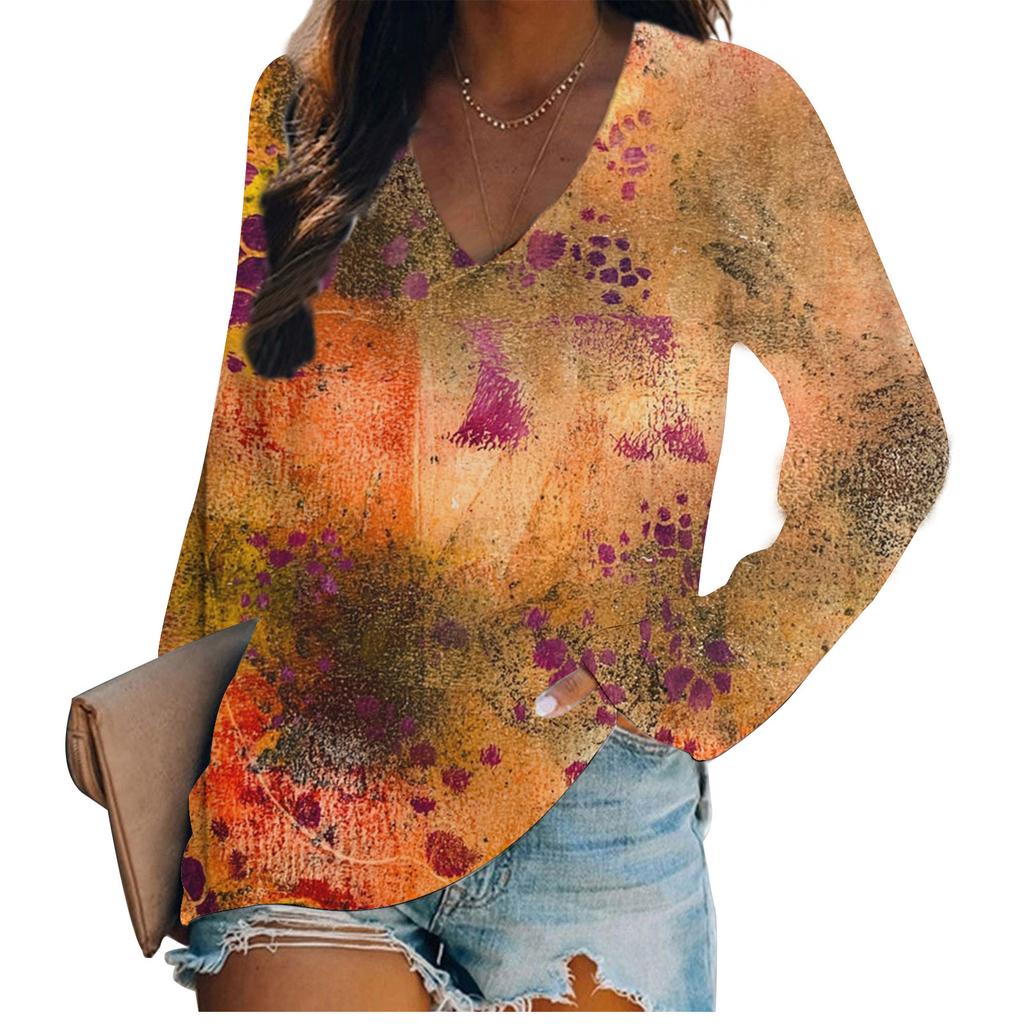 Spring and Autumn V-neck 3D Retro Ink Wash Floral Printed Top Fashionable Casual Long Sleeved Women's T-shirts