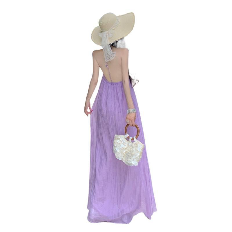 French Tourism Seaside Vacation Style Temperament Neck Sling Dress Women's Summer Design Loose Purple Dress