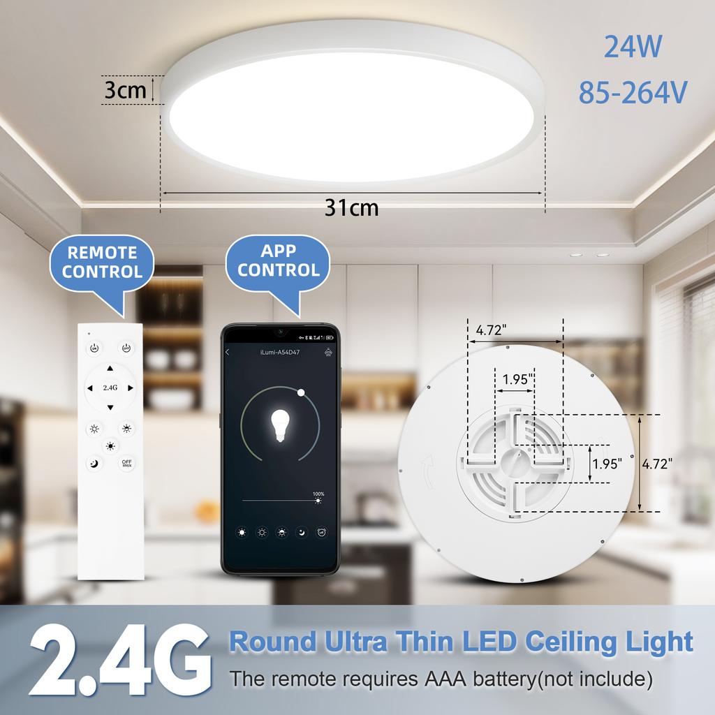 Modern LED Ceiling Lamp 85-264V Waterproof Dustproof Tricolor Dimmable Light Fixture with Remote Control for Living Room Bedroom Kitchen Home Decor
