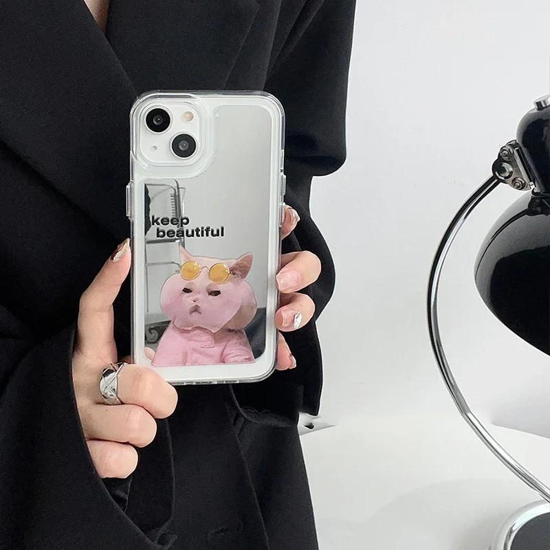 Cute Cat Dog Electroplated Mirror Surface Phone Case For iPhone 16 Pro Max 15 14 13 12 11 Pro Max Makeup Mirror Funny Cat Cover